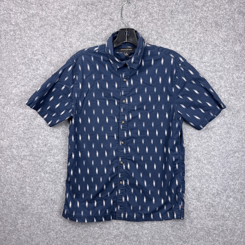 Banana Republic Mens Navy Blue Ikat Print Cotton Short Sleeve Button Down Size S